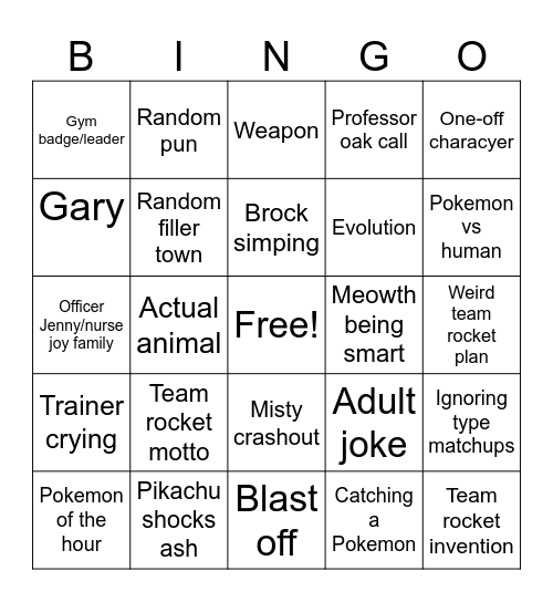 Indigo league bingo Card