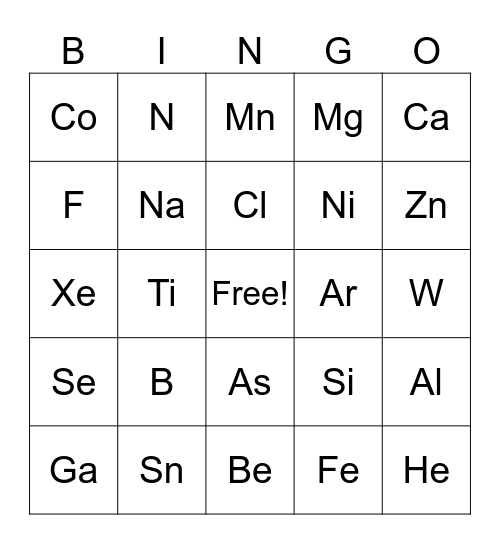 Element Bingo Card