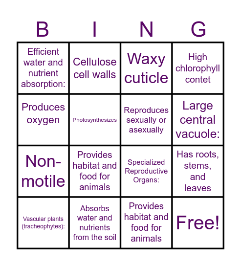 Plant Characteristics Bingo: Bingo Card