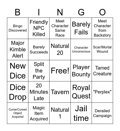 DnD Bingo 1 Bingo Card
