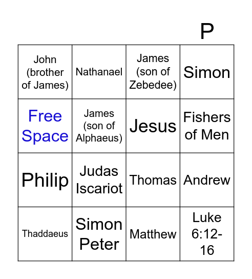 Twelve Disciples Bingo Card