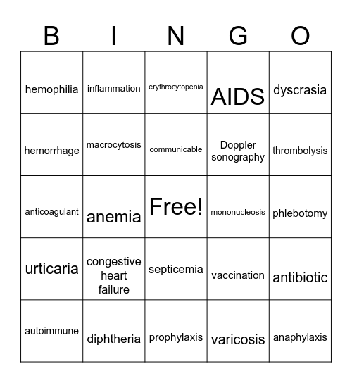 Immune and Starting Cadio Bingo Card