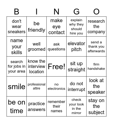 Job Interview Bingo Card