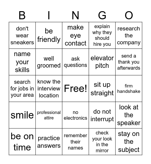 Job Interview Bingo Card