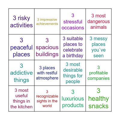 Adjectives (things, places) Bingo Card