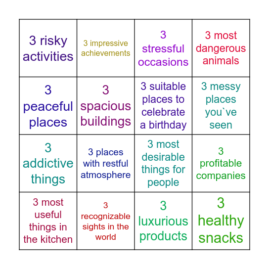 Adjectives (things, places) Bingo Card