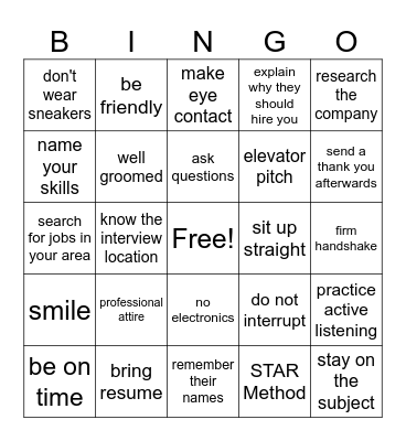 Job Interview Bingo Card