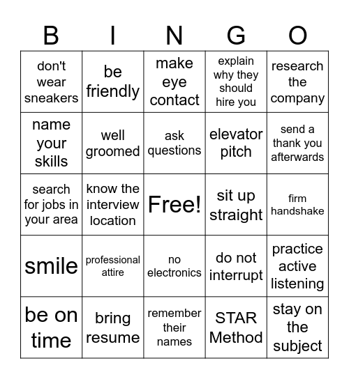 Job Interview Bingo Card