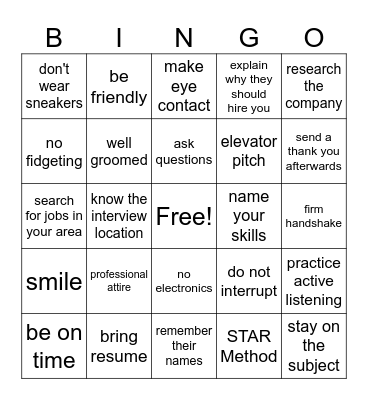 Job Interview Bingo Card
