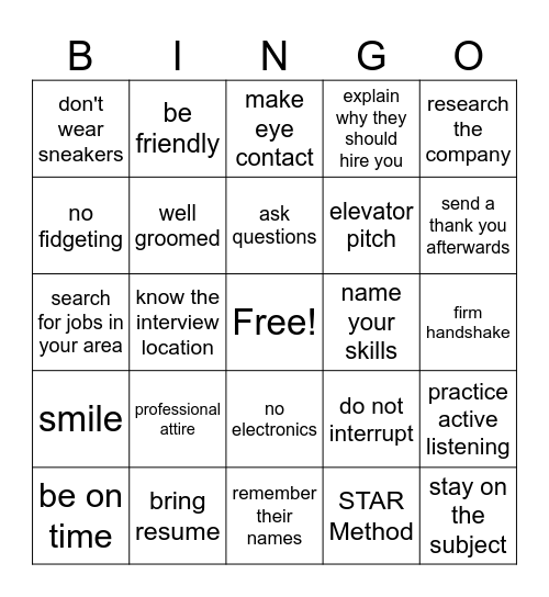 Job Interview Bingo Card