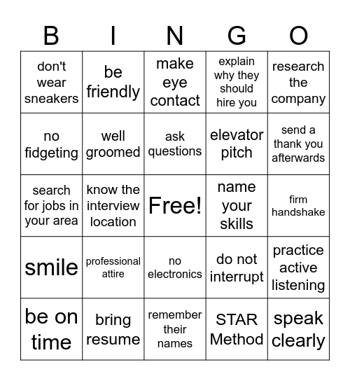 Job Interview Bingo Card