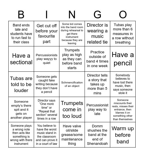 Sr. Concert Band Bingo Card