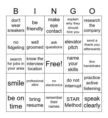 Job Interview Bingo Card
