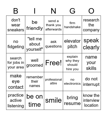 Job Interview Bingo Card