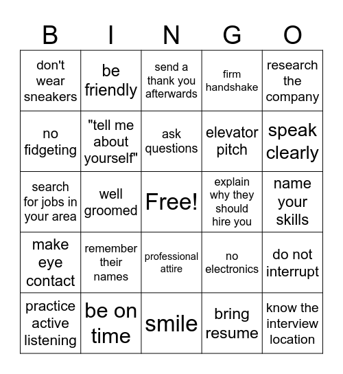 Job Interview Bingo Card