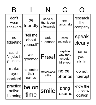 Job Interview Bingo Card