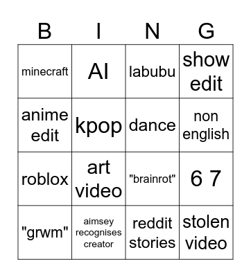 YT SHORTS BINGO Card