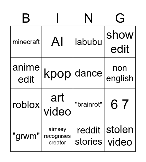 YT SHORTS BINGO Card