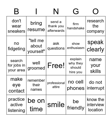 Job Interview Bingo Card
