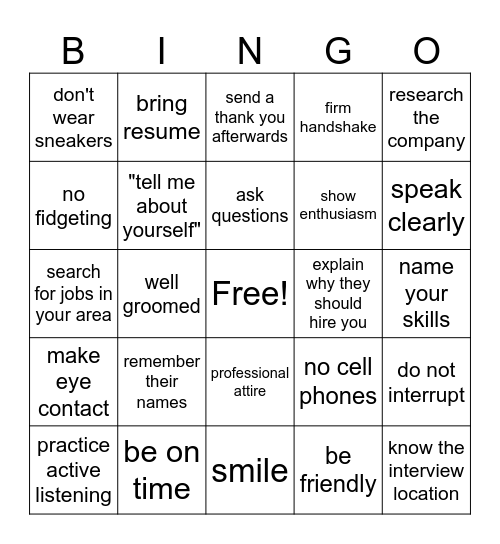 Job Interview Bingo Card