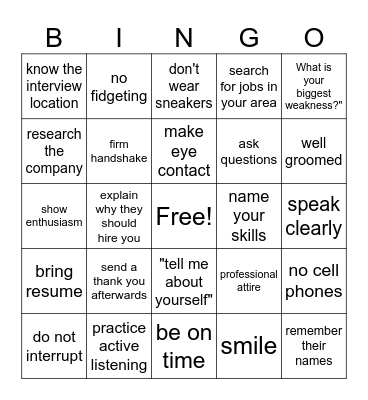 Job Interview Bingo Card