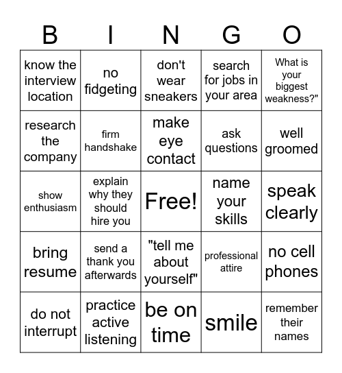 Job Interview Bingo Card