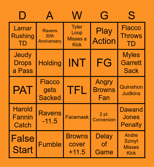 Browns vs Ravens Bingo Card