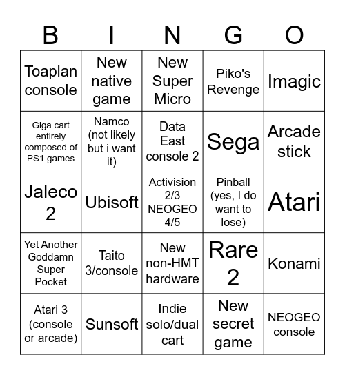 2026 Evercade/Super Pocket Bingo Card