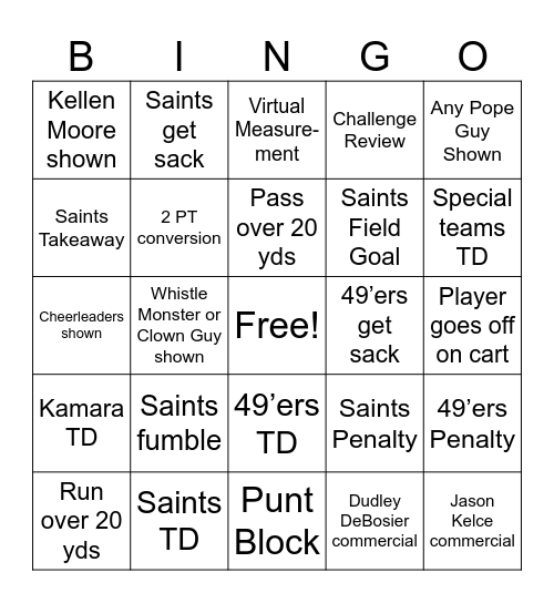 Saints Bingo Card