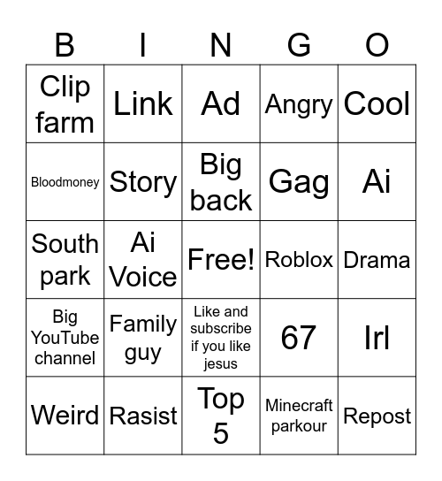 Yt shorts bingo Card