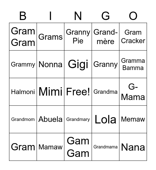 Grandmother Nicknames Bingo Card