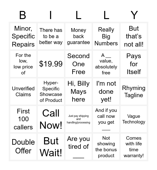 Billy Mays Bingo Card