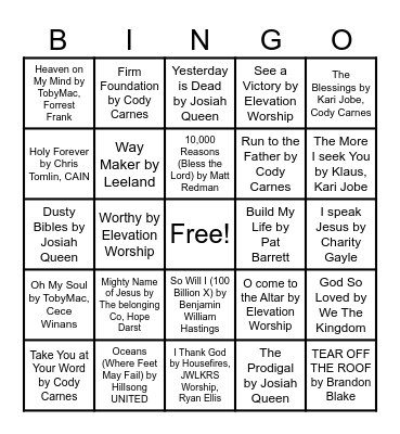 Worship Songs Bingo Card