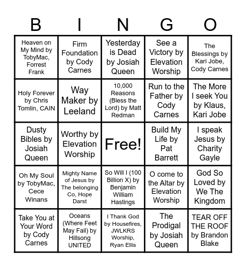 Worship Songs Bingo Card