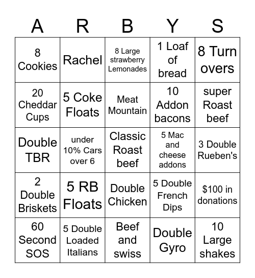 Arbys Bingo Card