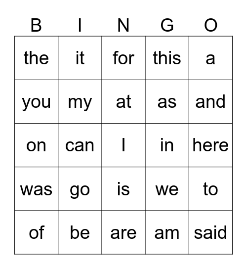 Sight Words Bingo Card