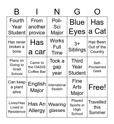 Arts Mixer Bingo Card