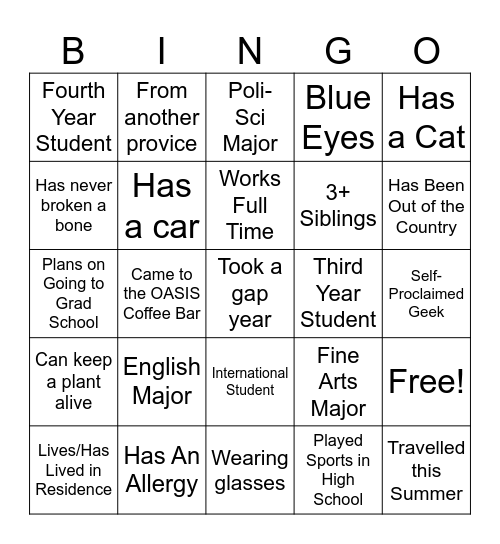 Arts Mixer Bingo Card