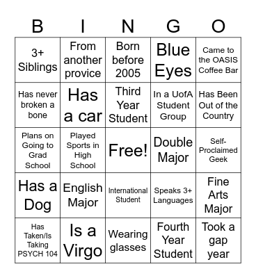 Arts Mixer Bingo Card