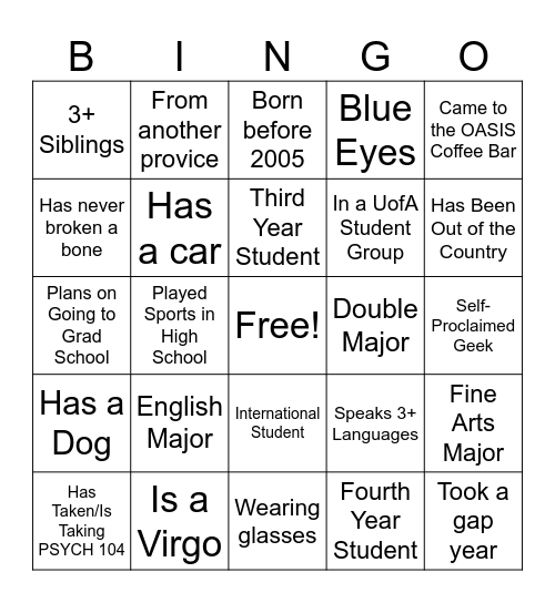 Arts Mixer Bingo Card