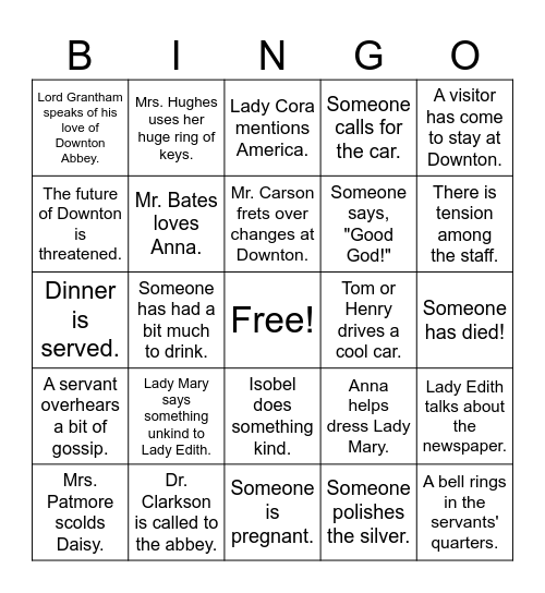Downton Abbey Bingo Card