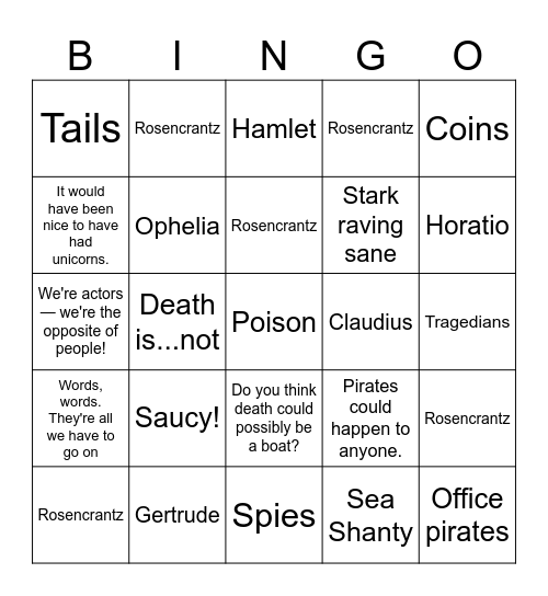 Rosencrantz and Guildenstern Are Dead Bingo Card