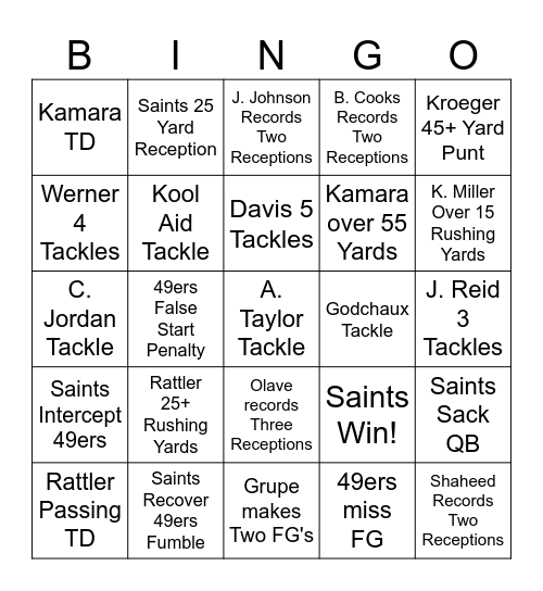 49ers @ Saints Bingo -- TV for First Winner Bingo Card