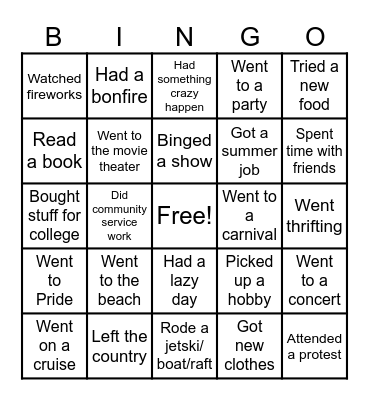 Summer Activity Bingo Card
