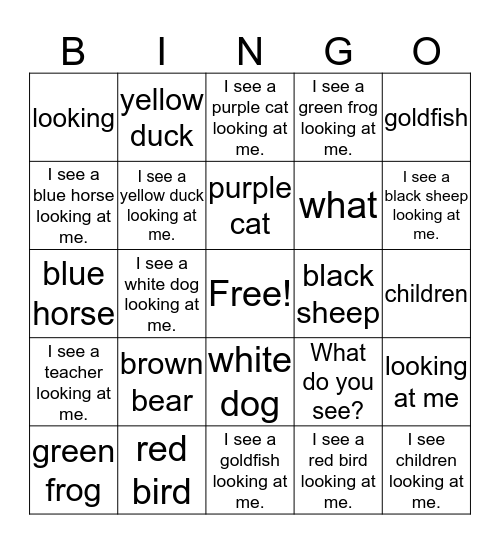 Brown Bear book Bingo Card