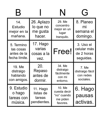 Manejo de mi tiempo Bingo Card