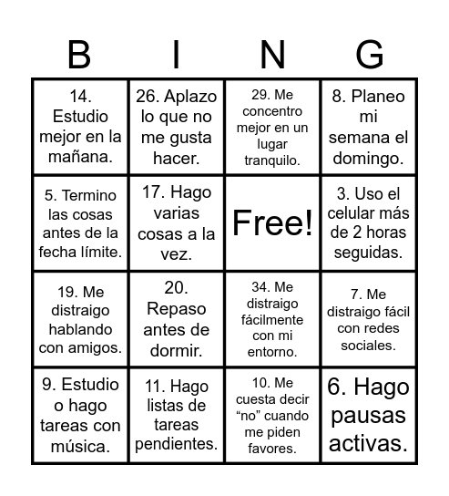 Manejo de mi tiempo Bingo Card