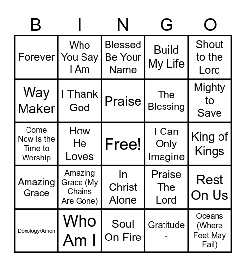 Christian Songs Bingo Card