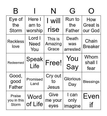Christian worship songs Bingo Card