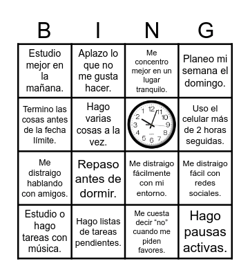 Manejo de mi tiempo Bingo Card